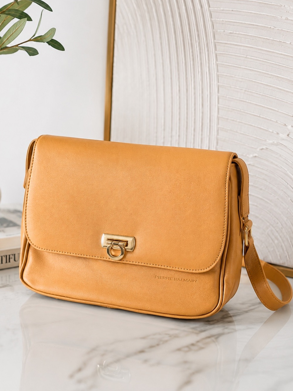 Pierre Balmain Camel Crossbody Shoulder Bag Gold Turn Lock Adjustable Strap